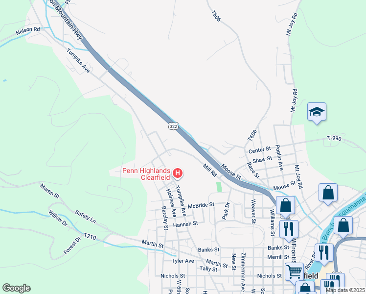 map of restaurants, bars, coffee shops, grocery stores, and more near 701 Mill Road in Clearfield