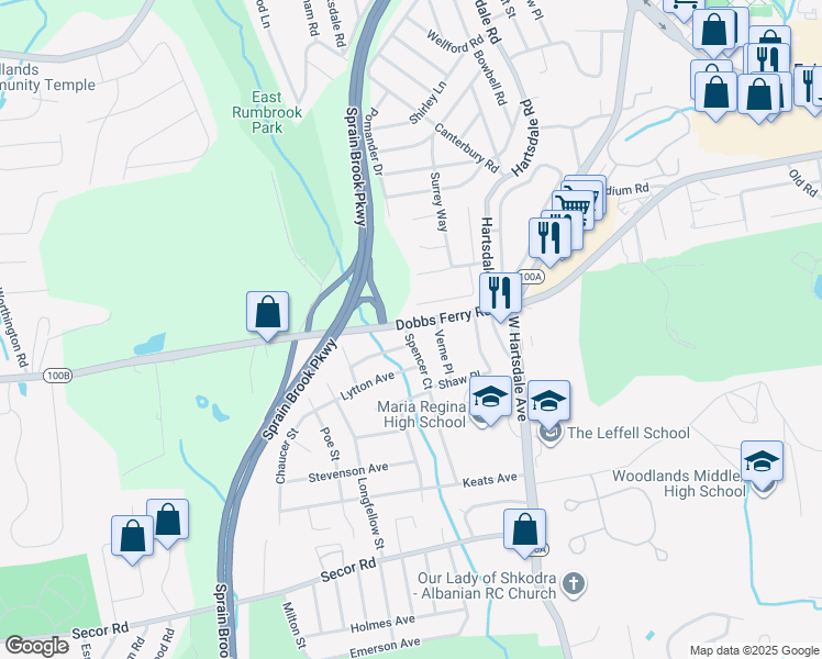 map of restaurants, bars, coffee shops, grocery stores, and more near 1 Spencer Court in Hartsdale
