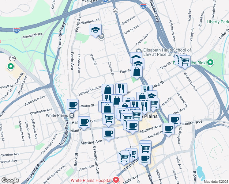 map of restaurants, bars, coffee shops, grocery stores, and more near 10 Cottage Place in White Plains