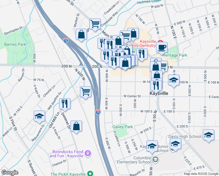 map of restaurants, bars, coffee shops, grocery stores, and more near 35 North 400 West in Kaysville