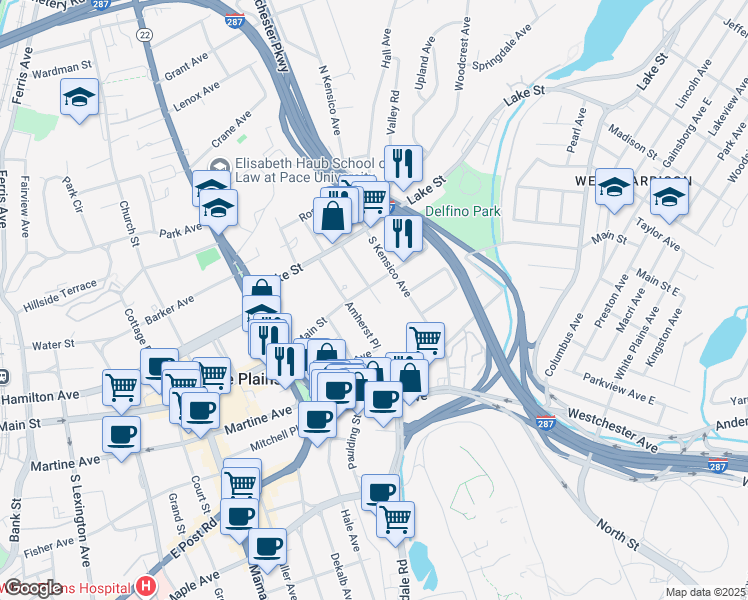 map of restaurants, bars, coffee shops, grocery stores, and more near 7 Amherst Place in White Plains