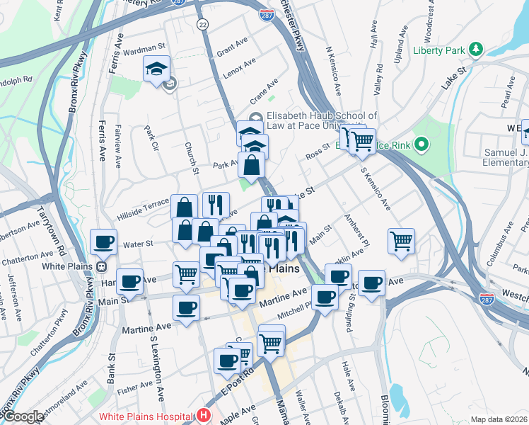 map of restaurants, bars, coffee shops, grocery stores, and more near 400 Hamilton Avenue in White Plains