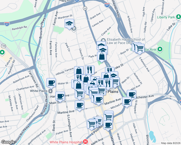 map of restaurants, bars, coffee shops, grocery stores, and more near 10 Cottage Place in White Plains