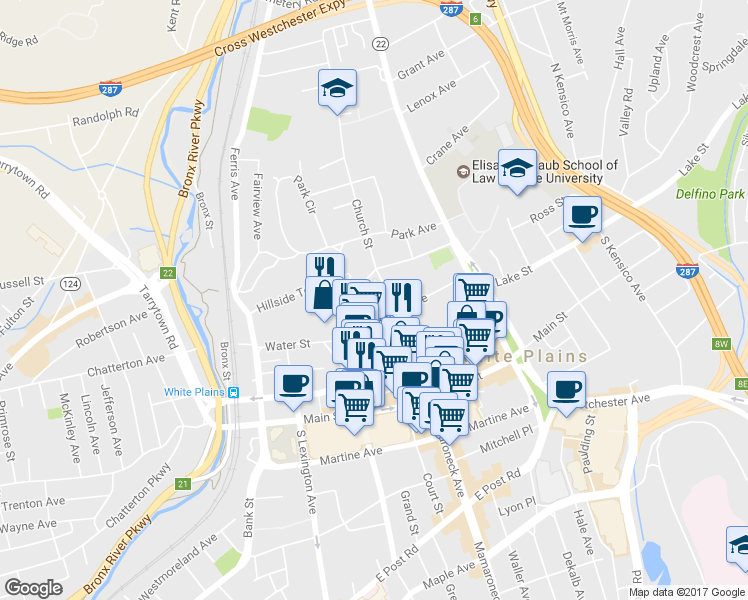 map of restaurants, bars, coffee shops, grocery stores, and more near 10 Cottage Place in White Plains
