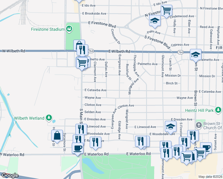 map of restaurants, bars, coffee shops, grocery stores, and more near 1732 Evergreen Avenue in Akron