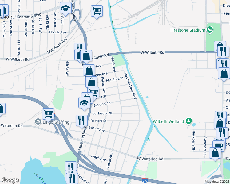 map of restaurants, bars, coffee shops, grocery stores, and more near 410 Celtic Street in Akron