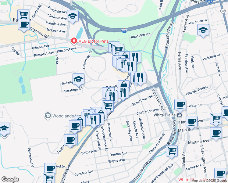 map of restaurants, bars, coffee shops, grocery stores, and more near 99 Fulton Street in White Plains
