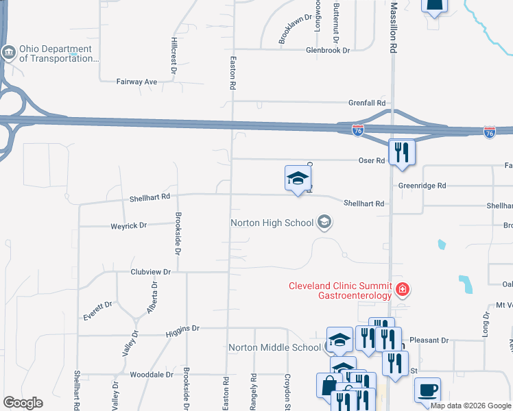 map of restaurants, bars, coffee shops, grocery stores, and more near 3320 Shellhart Rd in Norton