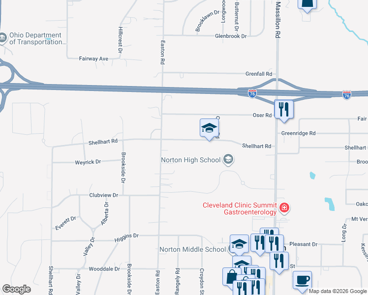 map of restaurants, bars, coffee shops, grocery stores, and more near 3320 Shellhart Road in Norton