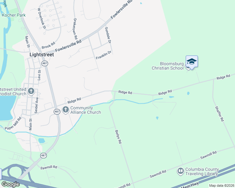 map of restaurants, bars, coffee shops, grocery stores, and more near 1226 Ridge Road in Bloomsburg