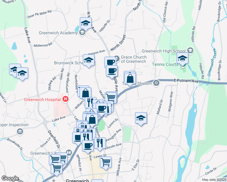 map of restaurants, bars, coffee shops, grocery stores, and more near 139 East Putnam Avenue in Greenwich