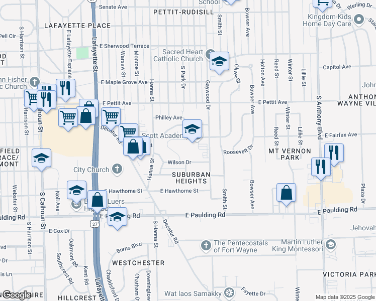 map of restaurants, bars, coffee shops, grocery stores, and more near 950 East Fairfax Avenue in Fort Wayne