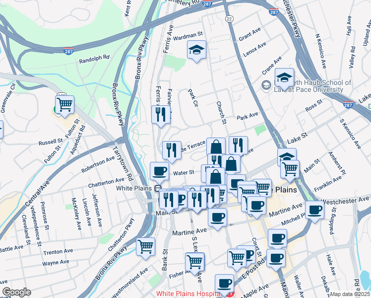 map of restaurants, bars, coffee shops, grocery stores, and more near Hillside Terrace in White Plains