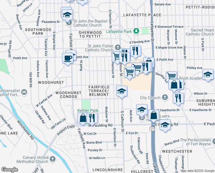 map of restaurants, bars, coffee shops, grocery stores, and more near 5207 Webster Street in Fort Wayne