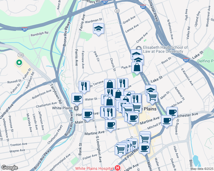 map of restaurants, bars, coffee shops, grocery stores, and more near 12 Cottage Place in White Plains