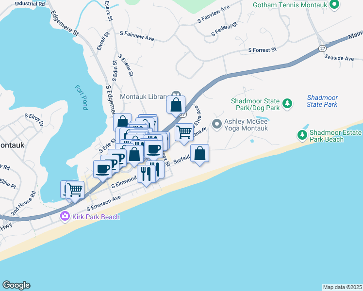 map of restaurants, bars, coffee shops, grocery stores, and more near 54 South Etna Avenue in Montauk