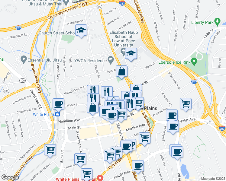map of restaurants, bars, coffee shops, grocery stores, and more near 40 Barker Avenue in White Plains