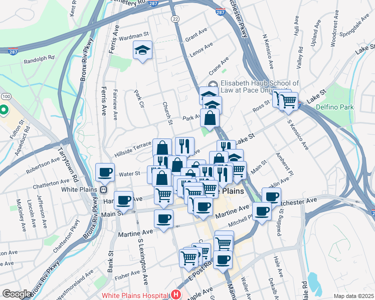 map of restaurants, bars, coffee shops, grocery stores, and more near 10 Cottage Place in White Plains