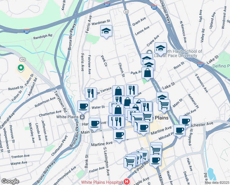 map of restaurants, bars, coffee shops, grocery stores, and more near 12 Cottage Place in White Plains