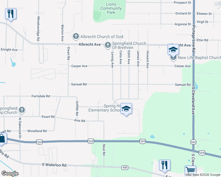 map of restaurants, bars, coffee shops, grocery stores, and more near 567 Lessig Avenue in Akron