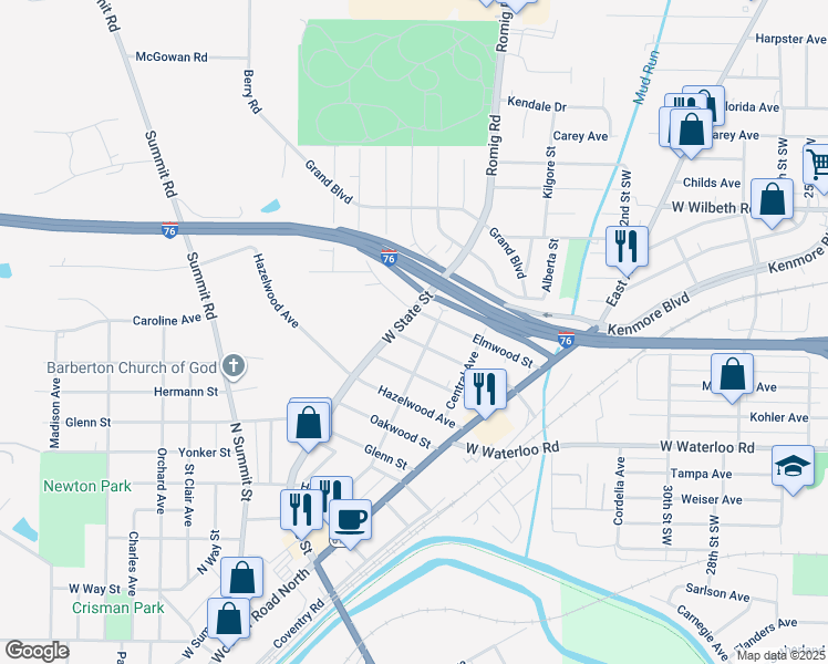 map of restaurants, bars, coffee shops, grocery stores, and more near 148 Norwood Street in Barberton