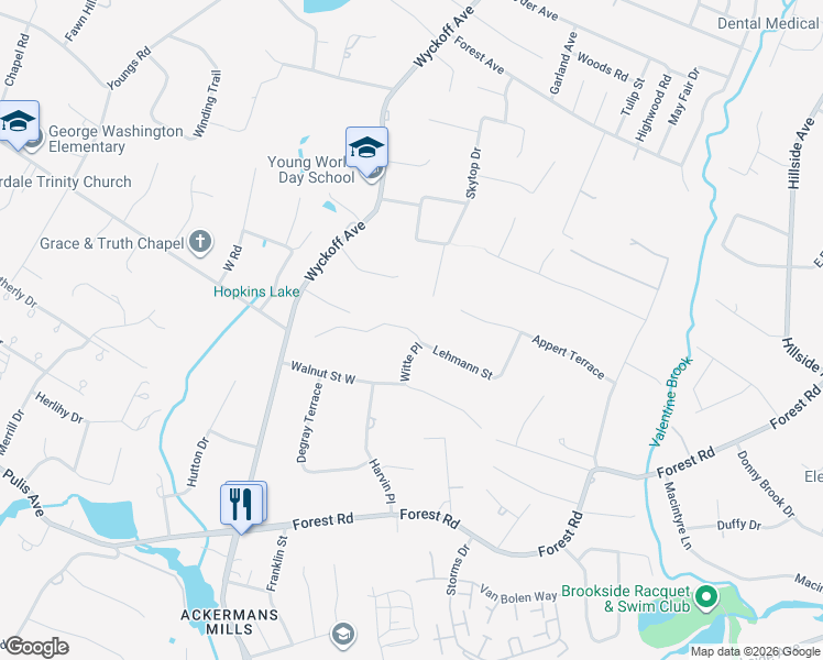 map of restaurants, bars, coffee shops, grocery stores, and more near 57 Lehmann Street in Mahwah