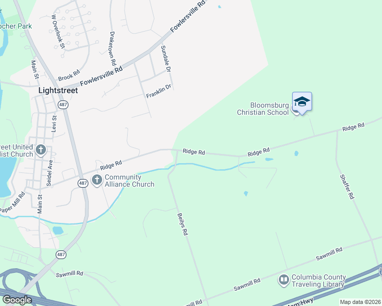 map of restaurants, bars, coffee shops, grocery stores, and more near 1226 Ridge Road in Bloomsburg