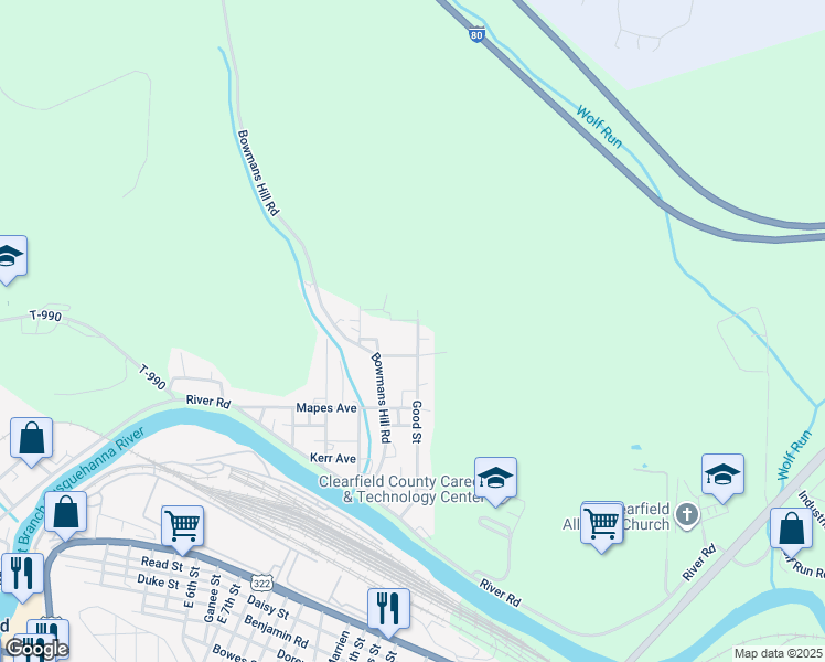 map of restaurants, bars, coffee shops, grocery stores, and more near 393 Good Street in Clearfield