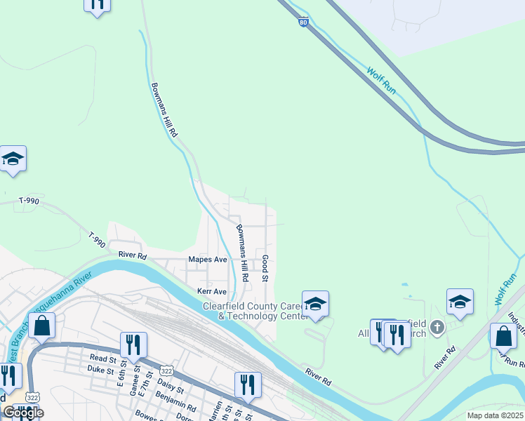 map of restaurants, bars, coffee shops, grocery stores, and more near 393 Good Street in Clearfield