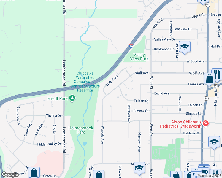 map of restaurants, bars, coffee shops, grocery stores, and more near 479 Wolf Avenue in Wadsworth