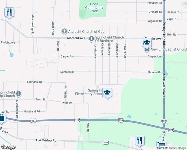 map of restaurants, bars, coffee shops, grocery stores, and more near 567 Lessig Avenue in Akron