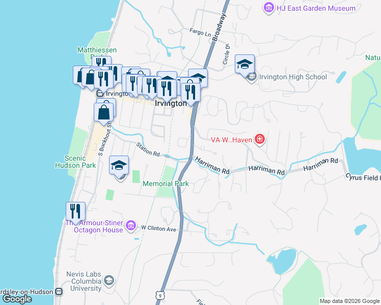 map of restaurants, bars, coffee shops, grocery stores, and more near 40 Broadway in Irvington