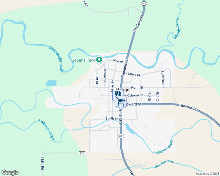 map of restaurants, bars, coffee shops, grocery stores, and more near 10 Miles Street in Baggs