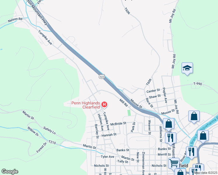 map of restaurants, bars, coffee shops, grocery stores, and more near 701 Mill Road in Clearfield