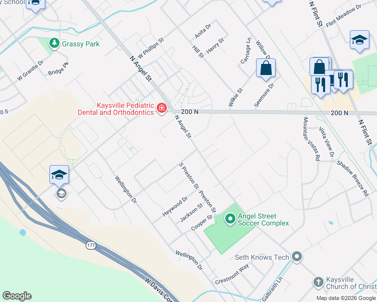 map of restaurants, bars, coffee shops, grocery stores, and more near West Bonneville Lane in Kaysville