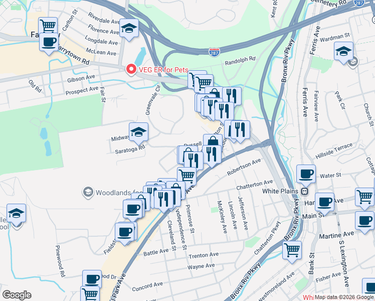 map of restaurants, bars, coffee shops, grocery stores, and more near 99 Fulton Street in White Plains