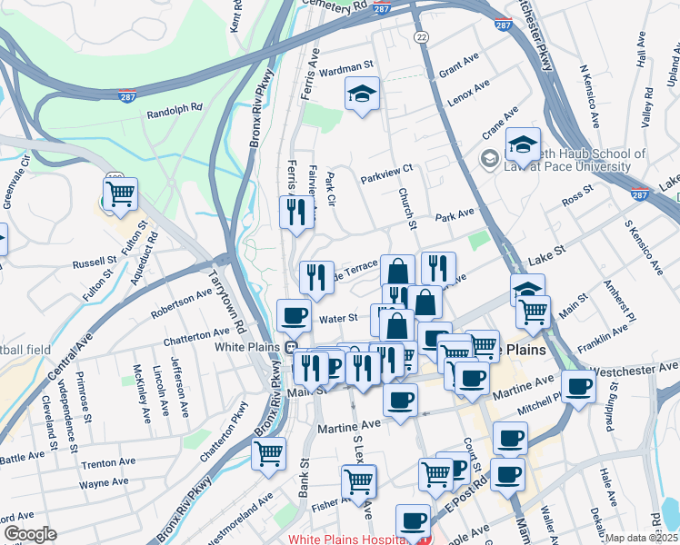 map of restaurants, bars, coffee shops, grocery stores, and more near 29 Hillside Terrace in White Plains