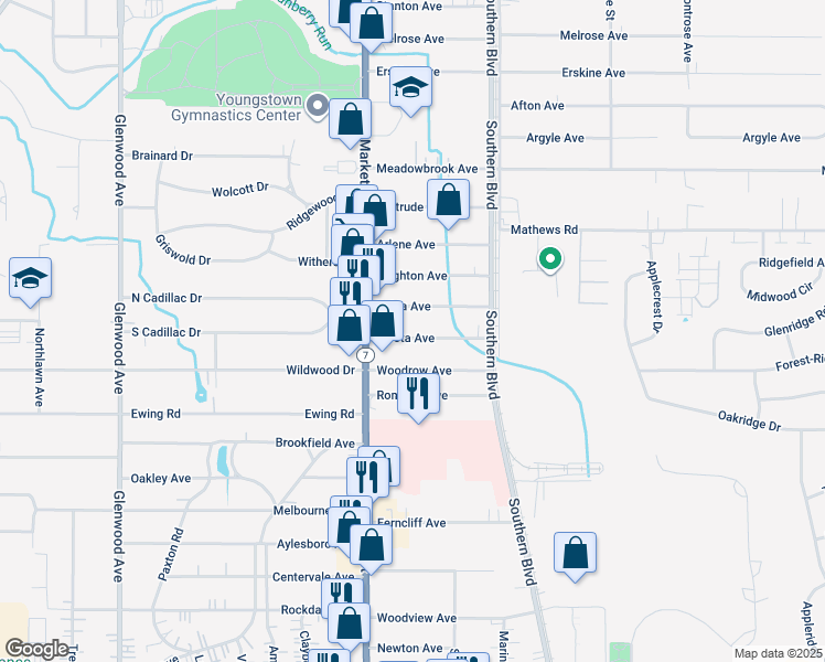 map of restaurants, bars, coffee shops, grocery stores, and more near 40 Sciota Avenue in Youngstown