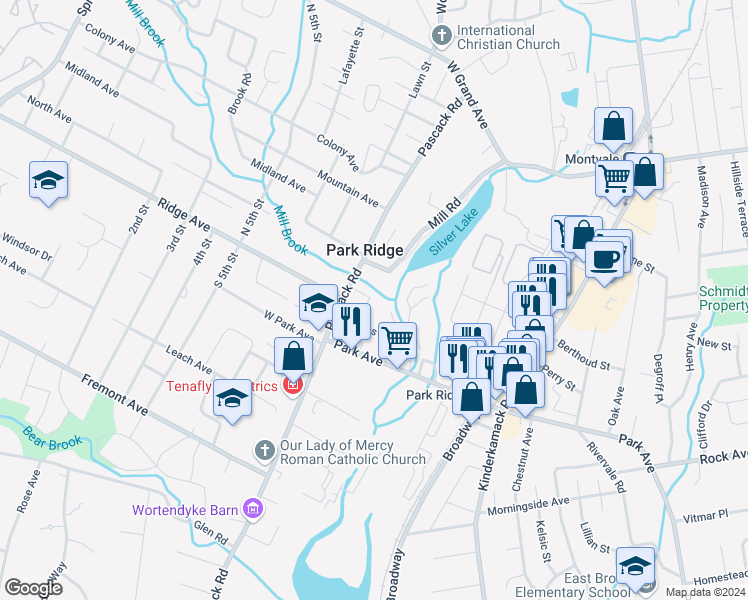 map of restaurants, bars, coffee shops, grocery stores, and more near 30 Mill Road in Park Ridge