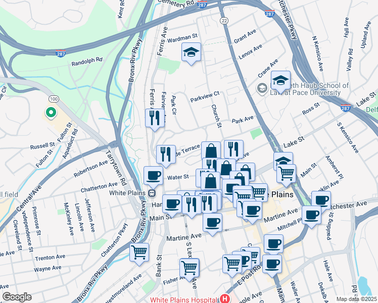 map of restaurants, bars, coffee shops, grocery stores, and more near 20 Hillside Terrace in White Plains