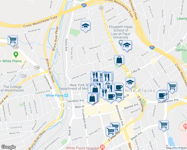 map of restaurants, bars, coffee shops, grocery stores, and more near 12 Cottage Place in White Plains