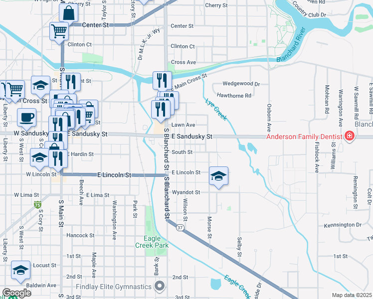 map of restaurants, bars, coffee shops, grocery stores, and more near 525 South Street in Findlay