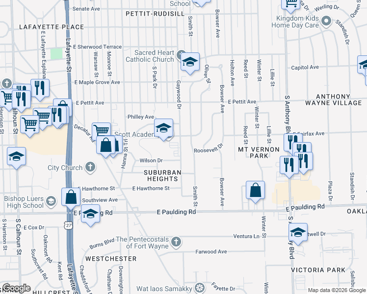 map of restaurants, bars, coffee shops, grocery stores, and more near 5315-5321 Gaywood Drive in Fort Wayne