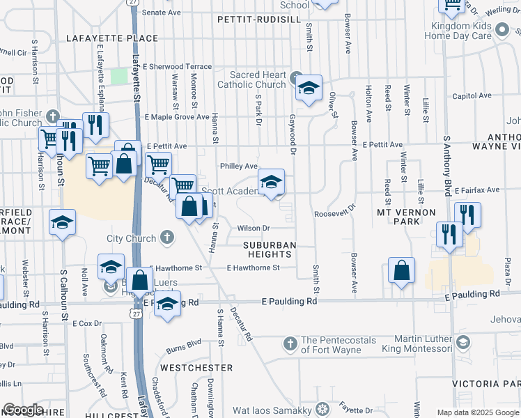 map of restaurants, bars, coffee shops, grocery stores, and more near 733-899 Wilson Dr in Fort Wayne