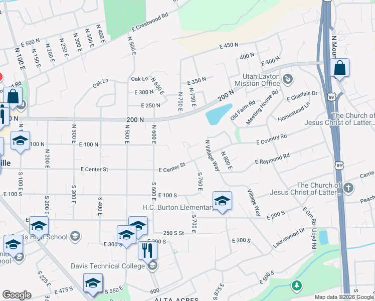 map of restaurants, bars, coffee shops, grocery stores, and more near North Ewe Turn Street East in Kaysville