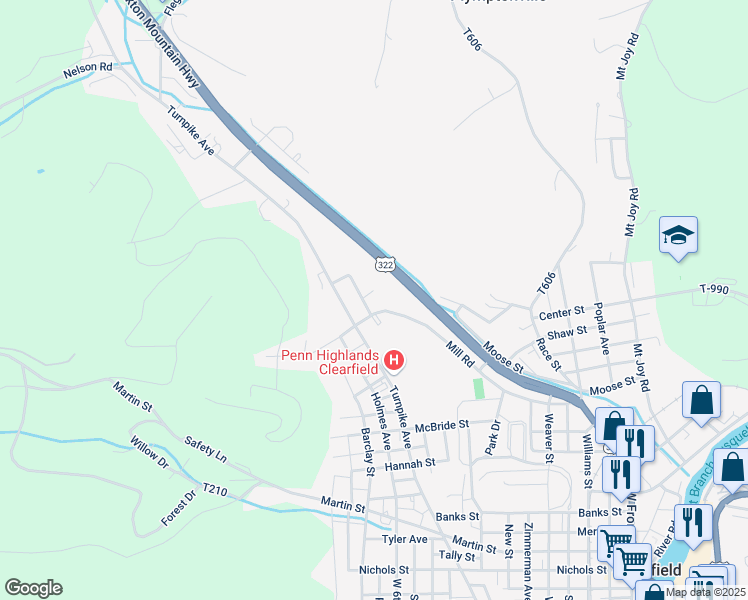 map of restaurants, bars, coffee shops, grocery stores, and more near 801 Mill Road in Clearfield