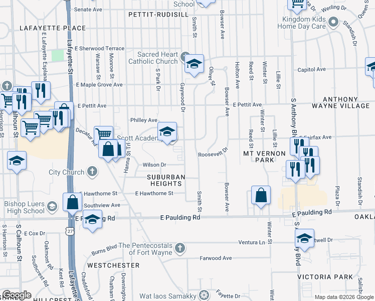 map of restaurants, bars, coffee shops, grocery stores, and more near 5315-5321 Gaywood Drive in Fort Wayne