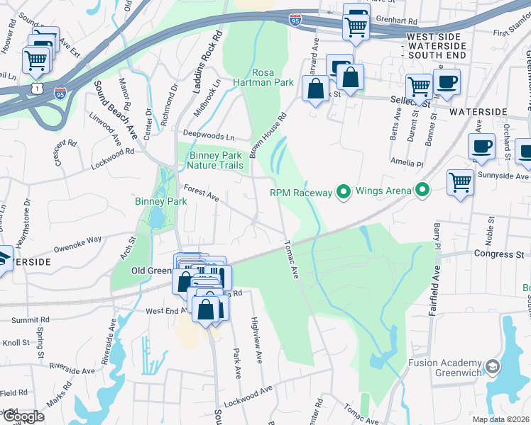 map of restaurants, bars, coffee shops, grocery stores, and more near 3 Brown House Road in Greenwich