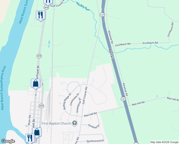 map of restaurants, bars, coffee shops, grocery stores, and more near Golf Course Road in Milton