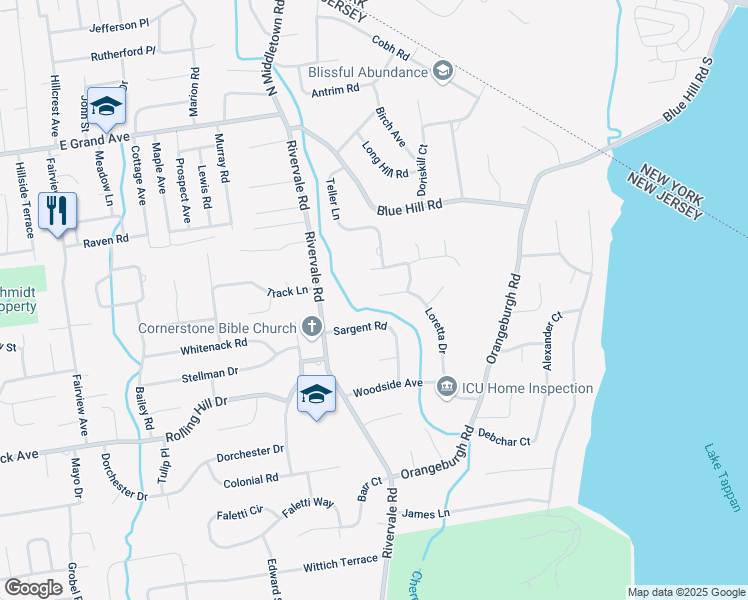 map of restaurants, bars, coffee shops, grocery stores, and more near 614 Sargent Road in River Vale
